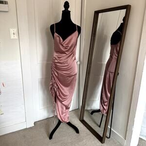 Satin Silky Dusty Rose Midi Dress with Side Ruching Women's Size Medium